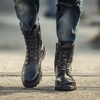 军靴男春季真皮高帮特种兵作战靴钢头钢底潮男工装军勾马丁靴皮鞋