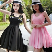 Tính khí ngọt ngào mèo thêu treo váy 2018 mùa hè sản phẩm mới Hàn Quốc là mỏng swing lớn đầm voan quần áo của phụ nữ