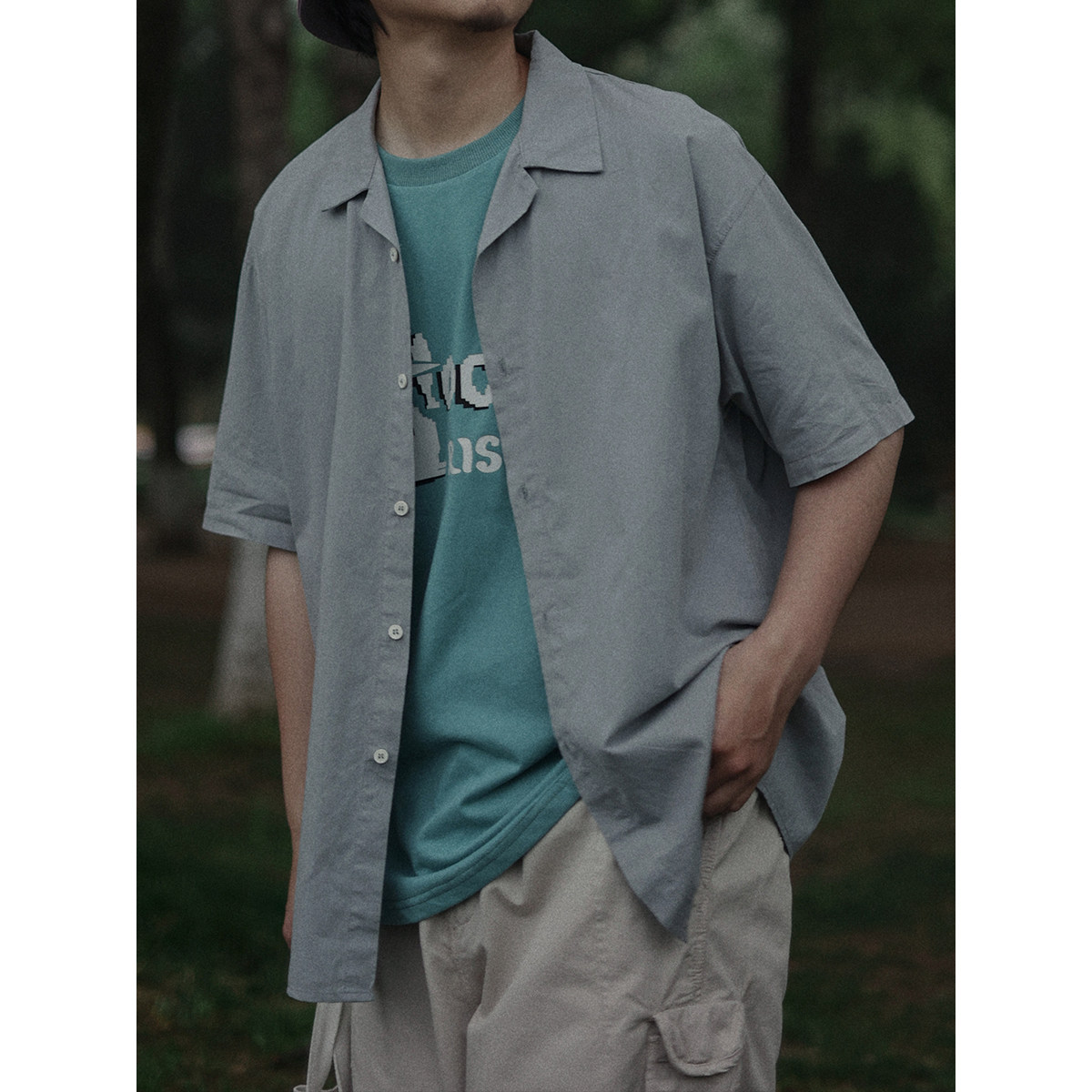 Crisis Youth Men's short-sleeved, thin summer Japanese-style loose solid color drape retro Cuban collar shirt jacket