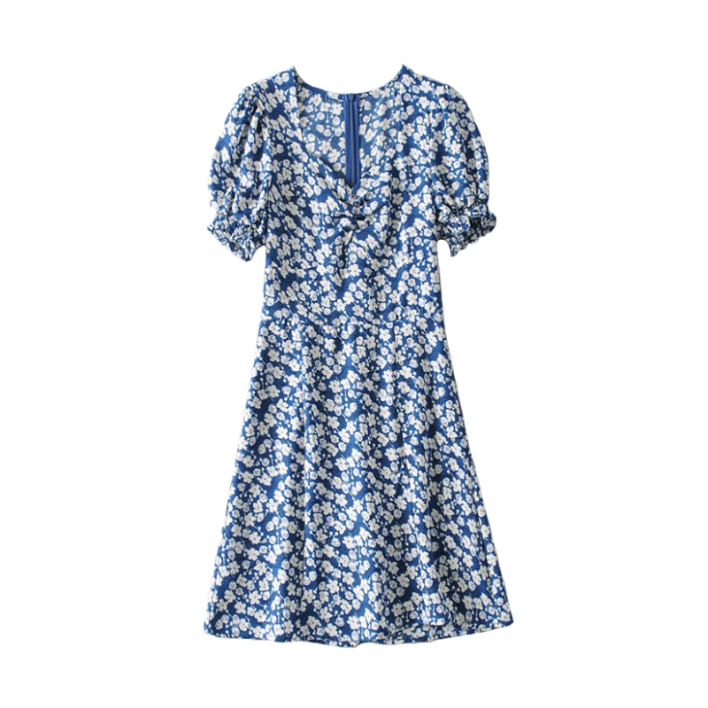Blue SkirtZhong Chuxi Same blue Broken flower square neck Split Tea break French Dress Hepburn Chiffon Chinese bellflower Long skirts