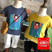 Sản phẩm trẻ em xanh | Trẻ em Hàn Quốc 18 mùa hè In ngắn tay học sinh làm bông căng Breathable T-Shirt