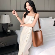 Mùa hè mới của Hàn Quốc phiên bản của màu rắn chic treo váy thời trang nữ đơn ngực đa màu hoang dã lỏng mỏng Một từ váy