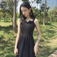 Mùa hè mới retro Hàn Quốc phiên bản của chic đôi ngực cao eo lưới xếp li cổ tích váy dây đeo màu đen váy 	váy nhún phần eo	