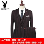 Bộ đồ vest nam mùa thu sọc nam có kích thước lớn Bộ đồ vest nam hàn quốc mỏng ba mảnh - Suit phù hợp