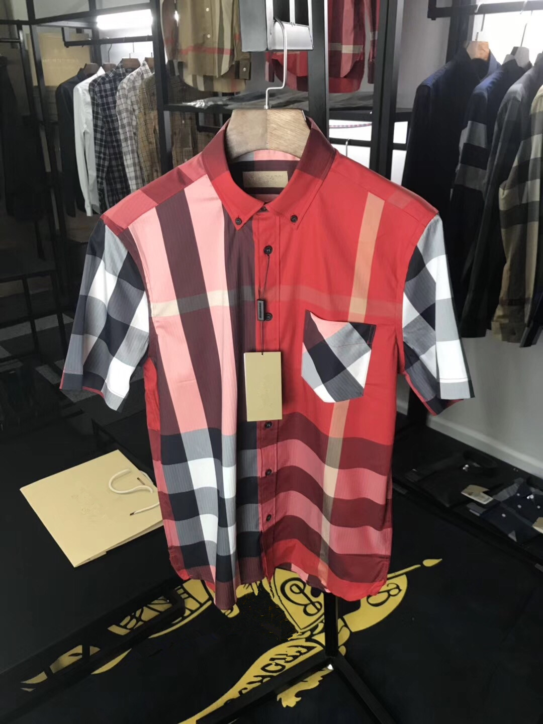 Watermelon Rednew pattern Europe and America lattice shirt men's wear home Short sleeve lovers classic letter rainbow Britain Check pattern Big size shirt b