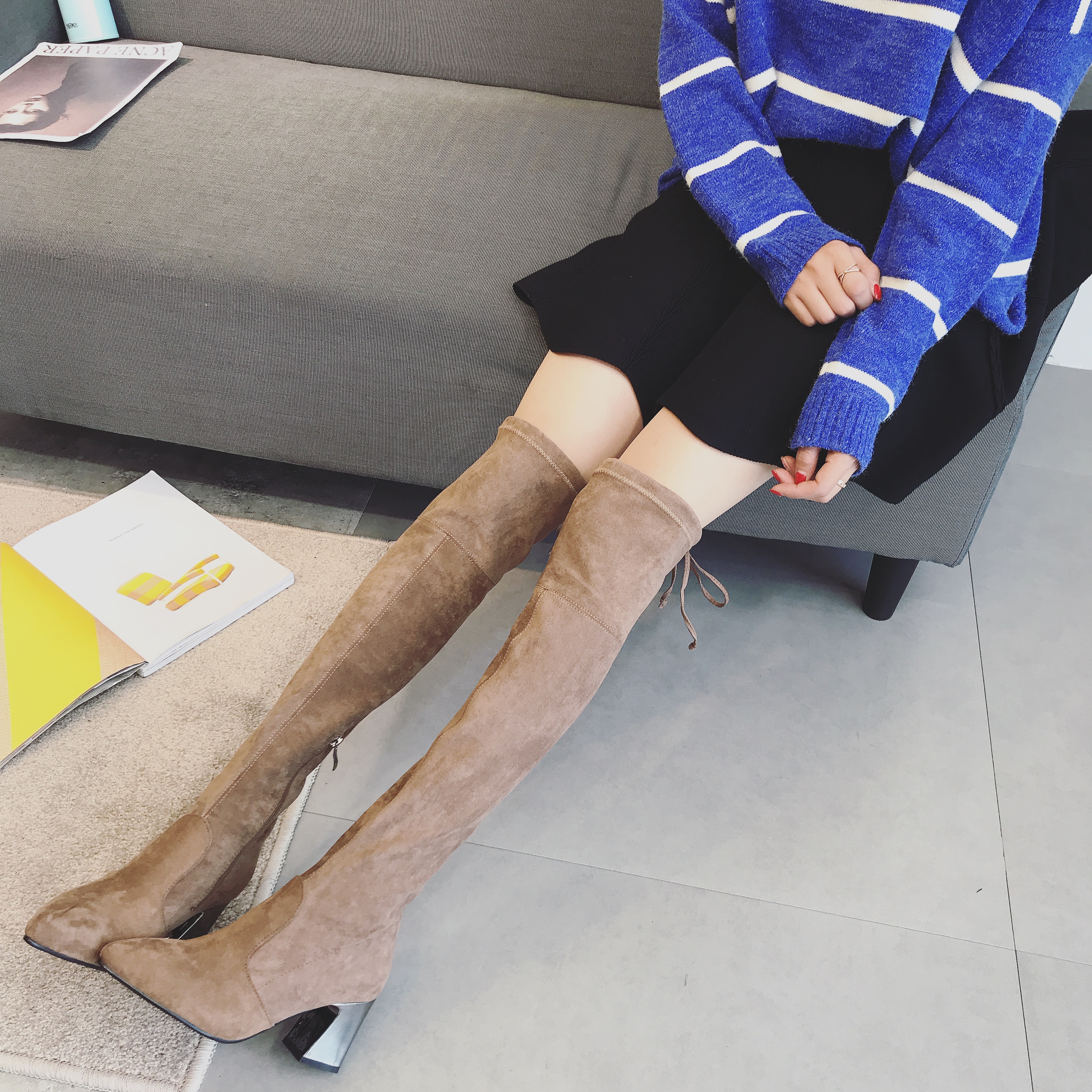 过膝长靴女高跟性感瘦腿弹力靴2018新款秋冬尖头粗跟长筒高筒靴子