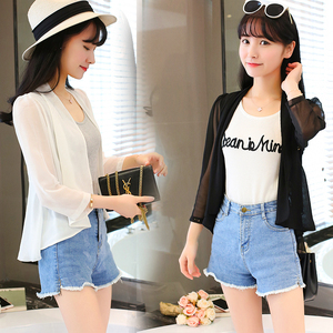 2018 mùa xuân mới áo khoác nữ ngắn voan áo sơ mi dài tay khí là chiếc áo đan len mỏng nhỏ khăn choàng kem chống nắng điều hòa không khí áo sơ mi