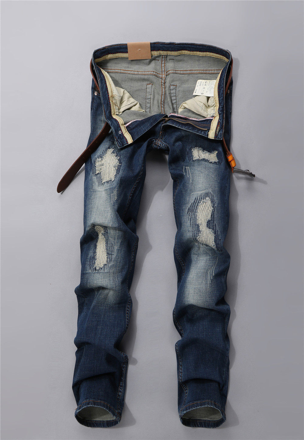 夏季男士破洞牛仔裤潮男韩版修身长裤弹力青少年男生小脚裤9023