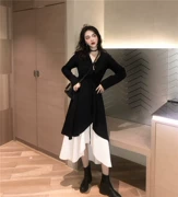 Phụ nữ mùa thu 2018 mới đầm dài tay thời trang retro váy dài cổ chữ V eo đen giản dị