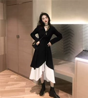 Phụ nữ mùa thu 2018 mới đầm dài tay thời trang retro váy dài cổ chữ V eo đen giản dị váy mùa đông