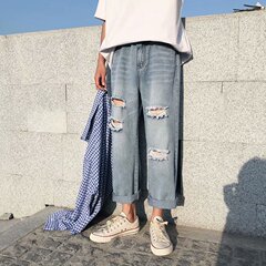 秋季潮牌破洞淺色牛仔褲男直筒寬鬆ins痞帥九分褲子男韓版潮長褲