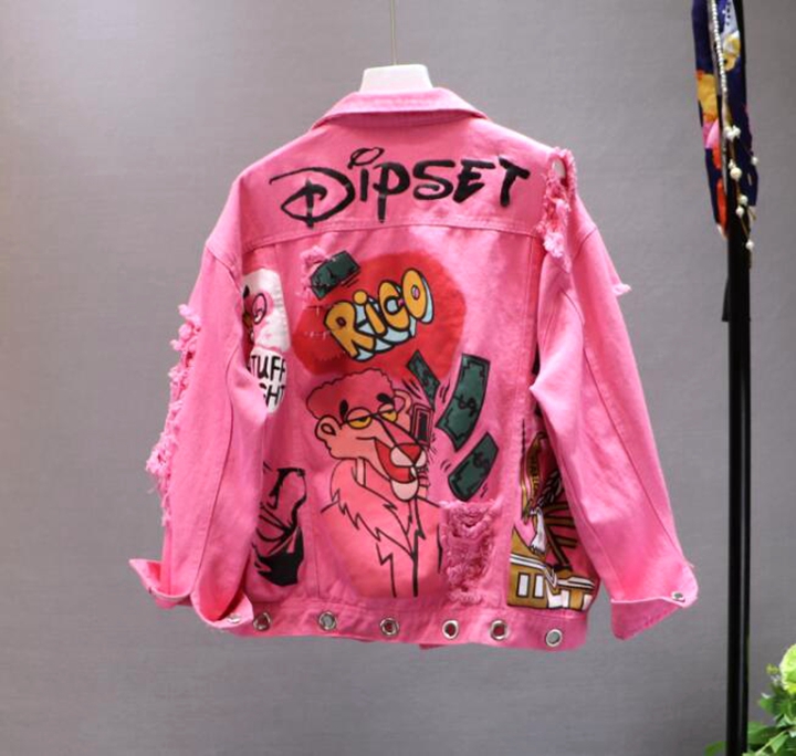 PinkThai fashion brand spring and autumn new pattern heavy industry hole chain Wash denim letter Graffiti printing Jacket personality loose coat
