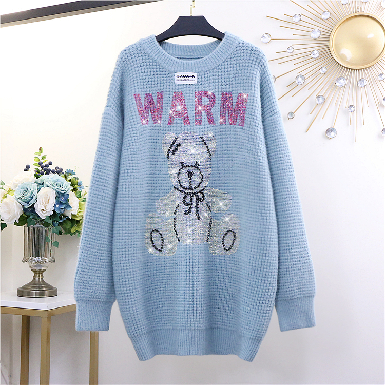BlueEuropean station 2021 early spring new pattern Fashion bear Hot drilling Medium and long term thickening sweater easy Lazy wind Undershirt