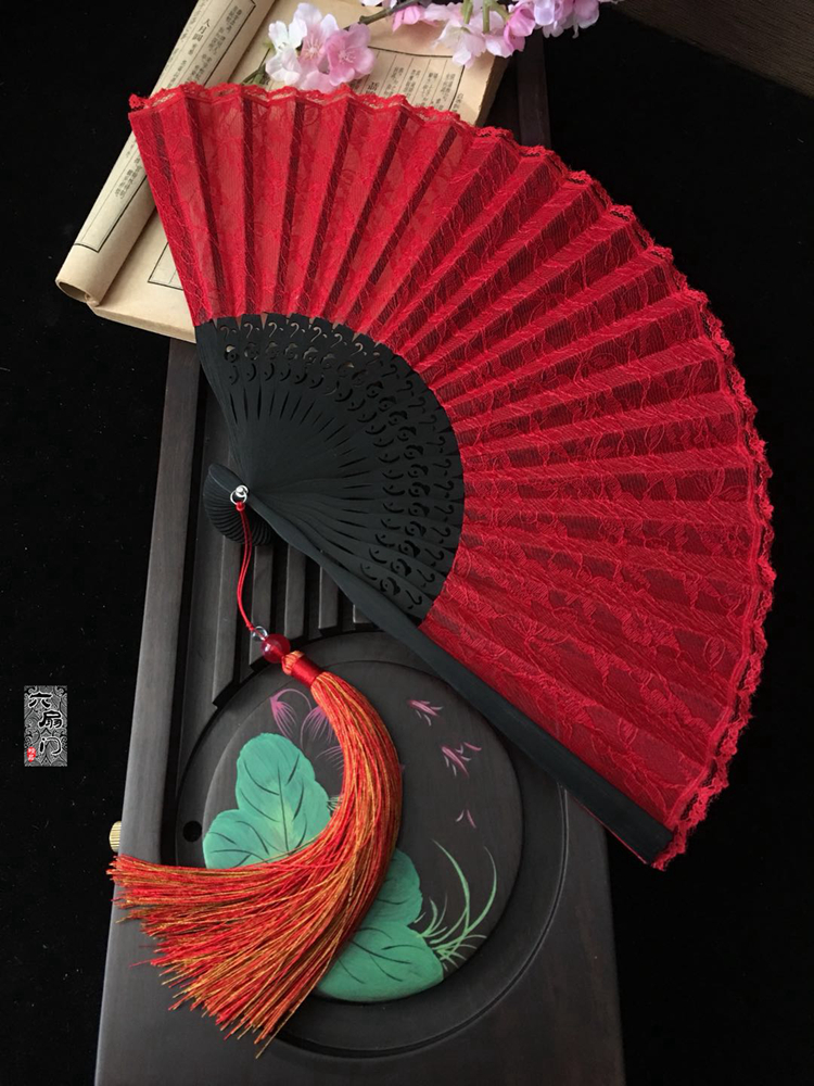 中国风COS大红色扇子蕾丝扇日式折扇子女士舞蹈扇古典古风折叠夏 Изображение 1