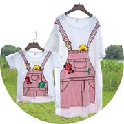 Mùa hè 2019 mới trang phục bố mẹ-con hoạt hình vui nhộn sáng tạo bông mẹ và con gái Hàn Quốc trong phần dài tay áo thun ngắn