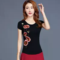 Phong cách dân tộc nữ thêu retro mới Trung Quốc thêu áo thun ngắn tay nữ chạm đáy áo sơ mi Slim - Áo phông áo phông cao cấp