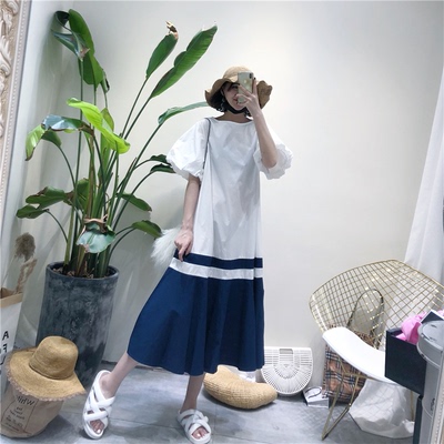 2018 mùa hè mới Hàn Quốc vòng cổ trumpet phun tay áo lỏng lẻo trong đoạn dài khâu hit màu xù đầm quần áo nữ mùa hè đẹp Sản phẩm HOT