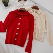 1684 mùa thu đông mới phiên bản Hàn Quốc của tay áo mỏng cổ tròn thắt nút lưới áo len đỏ đan đáy áo sơ mi nữ