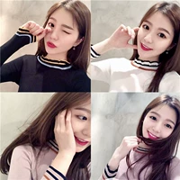 Retro Hàn Quốc chic màu tương phản sọc cổ áo ren đáy áo sơ mi mỏng phần dài tay áo thun áo len áo khoác cardigan nữ