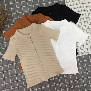 Hồng Kông phong cách polo áo sơ mi nữ mùa hè 2018 mới mỏng giảm béo màu rắn ngắn tay đan áo sơ mi Hàn Quốc chic áo sơ mi