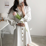 Hàn Quốc ins superfire retro cổ điển đơn ngực v- đầu quan hệ ren cung đầm eo trắng váy