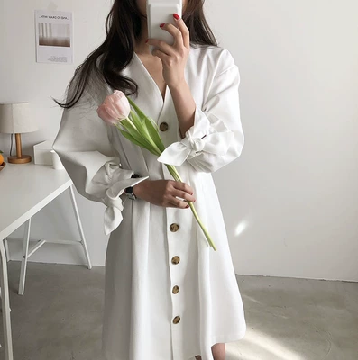Hàn Quốc ins superfire retro cổ điển đơn ngực v- đầu quan hệ ren cung đầm eo trắng váy đầm đi đám cưới váy đầm