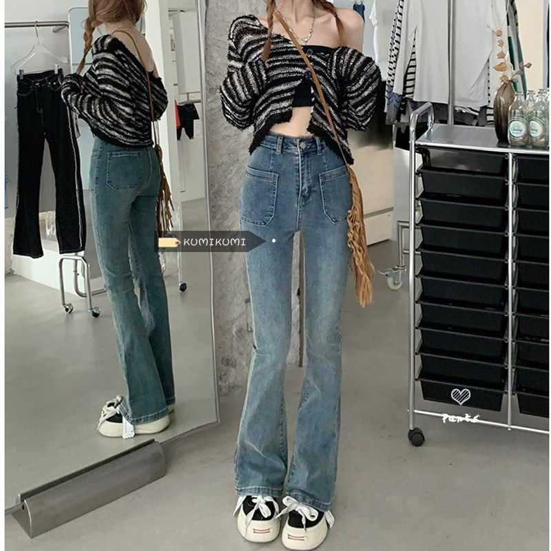 美式复古水洗牛仔裤女修身显瘦微喇裤夏季辣妹直筒高腰薄款长裤子图