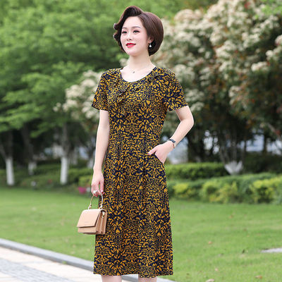 中老年夏装连衣裙显瘦40-50-60岁大码妈妈装女宽松短袖中长款裙子