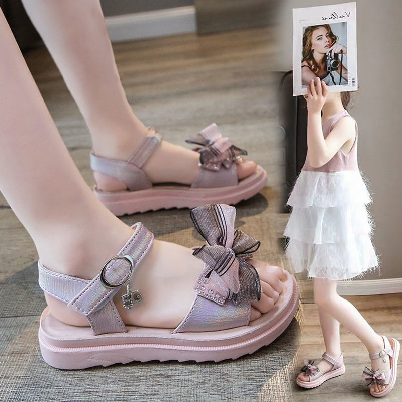 女童凉鞋2021夏季新款时尚童�鞋女孩蝴蝶结鞋子儿童软底◆防滑沙滩鞋