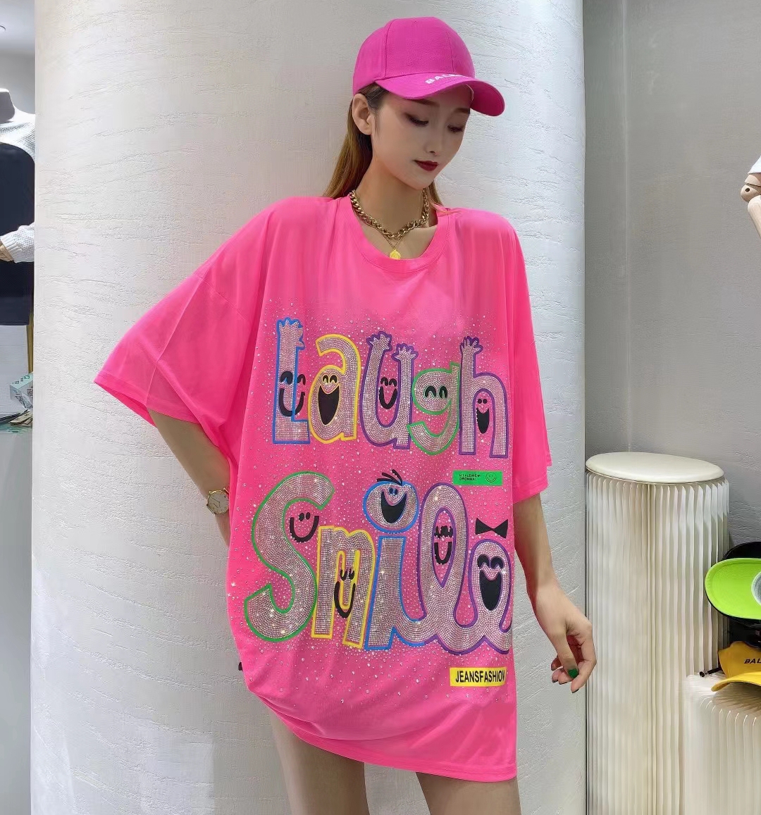 PinkEuropean goods superior quality Genuine ~ ~ Super foreign atmosphere heavy industry ~ ~ thin Ice silk cotton Hot drilling colour easy Short sleeve T-shirt female