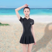 Áo tắm nữ che bụng giảm béo một mảnh Váy dài tay chống nắng nữ sinh viên màu đen Hàn Quốc ins gió cỡ lớn mm béo - Bộ đồ bơi One Piece