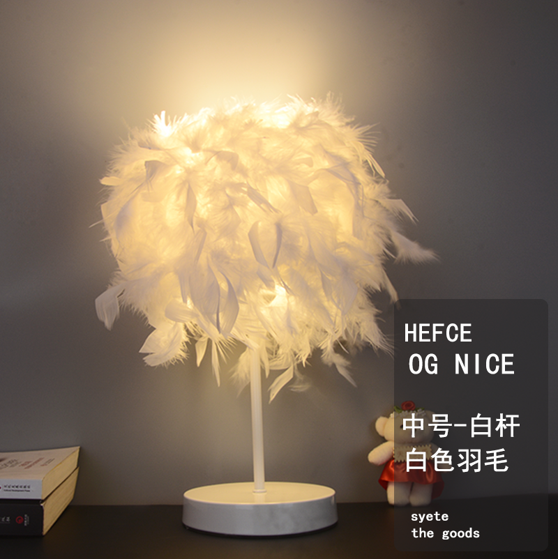 (Medium White Pole) Eye Protection Bulb-7wInternet celebrity Feather Desk lamp girl ins Decorative lamp sleep nurse cozy remote control dream bedroom Bedside Night light