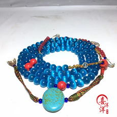 Украшения на шею 古玩古董天然浅蓝色猫眼石朝珠东珠清代宫廷佛珠手串108项链复古