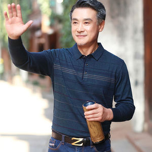 春秋季中年男士长袖T恤爸爸秋装打底衫中老年男装翻领大码针织衫