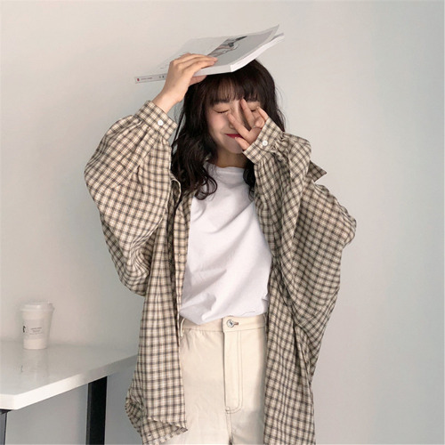 KhakiFat mm Sunscreen shirt female Thin Cardigan 2021 summer easy Versatile lattice Lapel shirt leisure time jacket loose coat