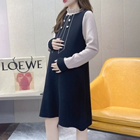 Осенний демисезонный модный комплект для беременных, длинный свитер, трикотажный лонгслив, платье, увеличенная толщина, средней длины, большой размер