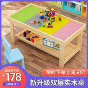 Hai lớp gỗ khối xây dựng bàn đa chức năng trẻ em lắp ráp bàn đồ chơi trò chơi xếp hình có bàn kích thước lớn lưu trữ