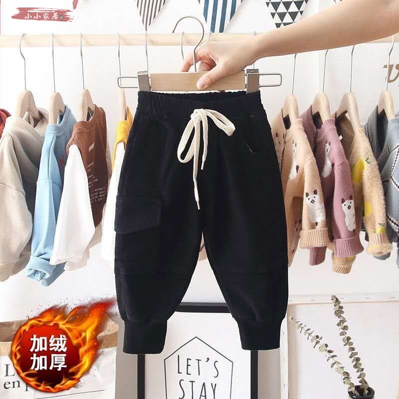 Black PlushBoy Plush trousers Spring  new pattern children Children winter clothes Korean version girl baby thickening work clothes trousers tide