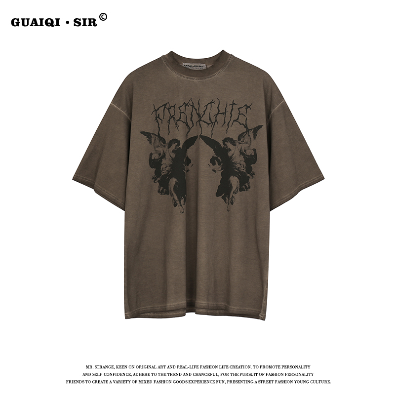 Coffee ColorRetro American style street fashion National tide High street T-shirt Design sense niche Short sleeve tee male Chaopai summer easy jacket