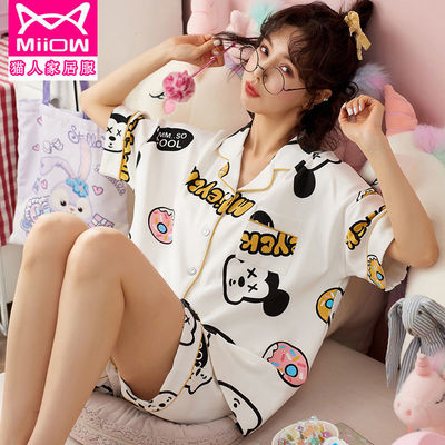 猫人纯棉睡衣女夏季翻领开衫卡通可外穿两件套全棉短袖短裤家居服