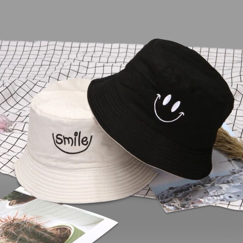 Double Sided (Smiley Face Black Beige) - U32Double sided wear Hat female Women's hat two-sided Embroidery Versatile Basin cap Fisherman hat men and women lovely student Korean version