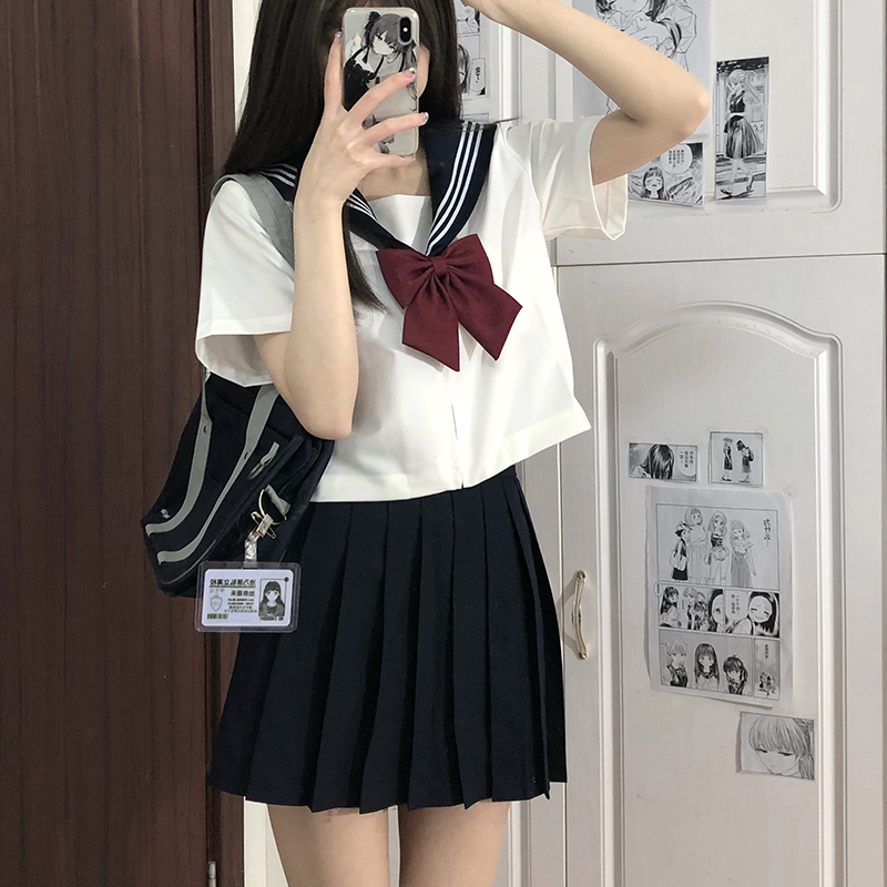白と黒の 3 本 JK 制服スカート基本的な本格的なセーラー服悪い日本のカレッジスタイルのスーツ半袖ロングスカート女性用