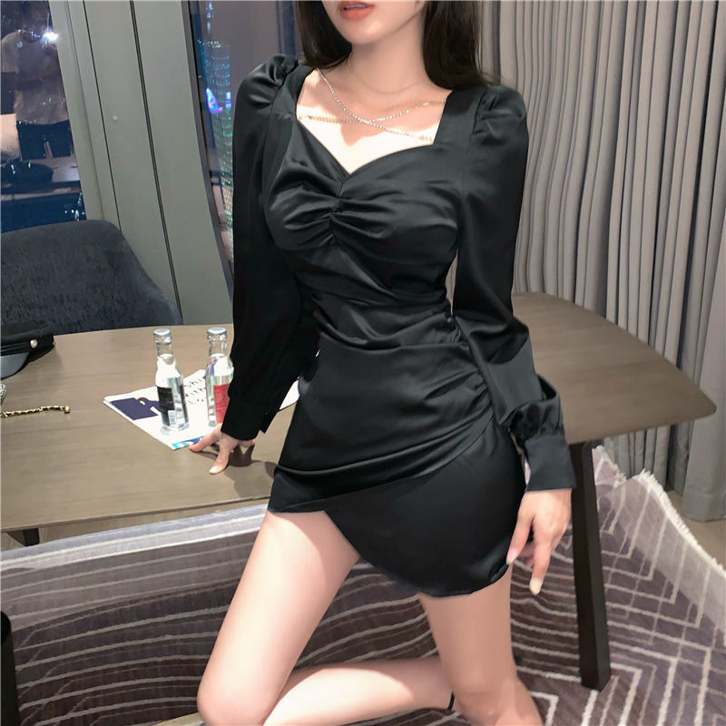 BlackFrench Gong Tingfeng Retro Minority temperament Close your waist Show thin Dress female spring clothes new pattern Nightclub style Buttocks Short skirt