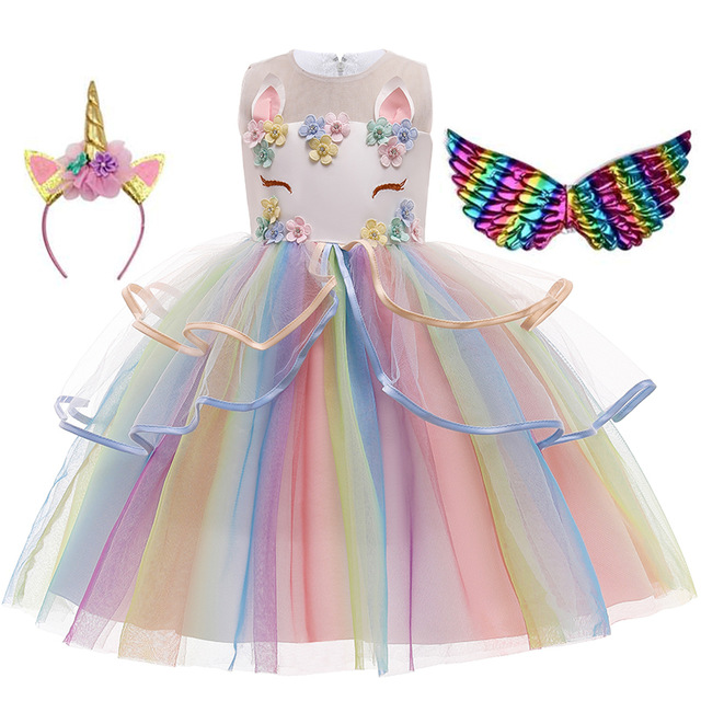 Whitecostume Christmas Girl Rainbow Unicorn Dress Kids Birthday