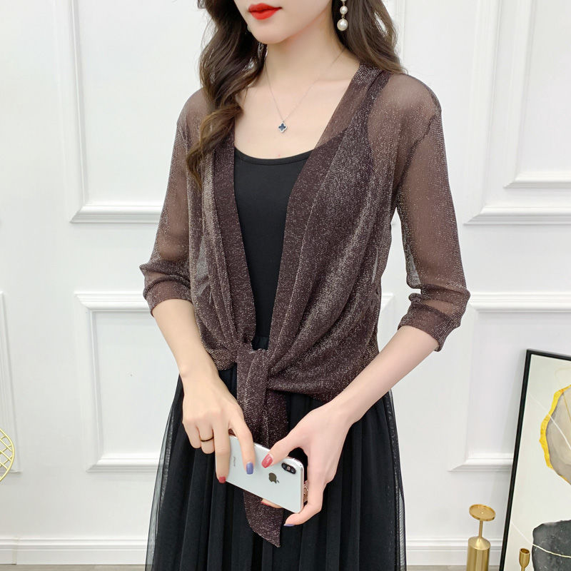 SILVER COFFEEsummer Shawl loose coat female Cardigan Netting have cash less than that is registered in the accounts Outside Big size Lace waistcoat Foreign style Sunscreen female Ice silk