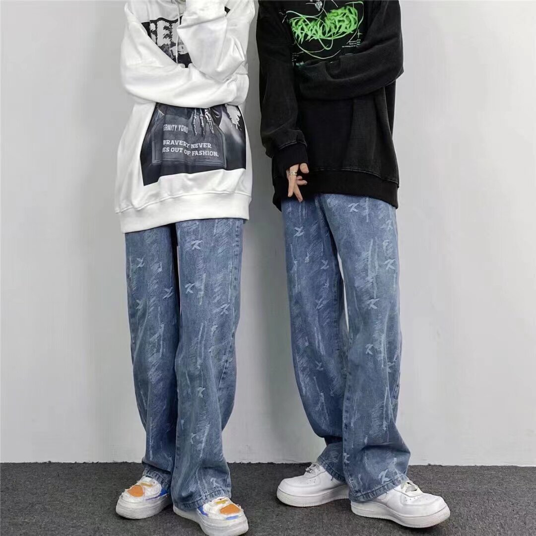 Simple and neutral style American high street jacquard floor-length jeans, men's Vibe loose straight wide-leg couple trousers