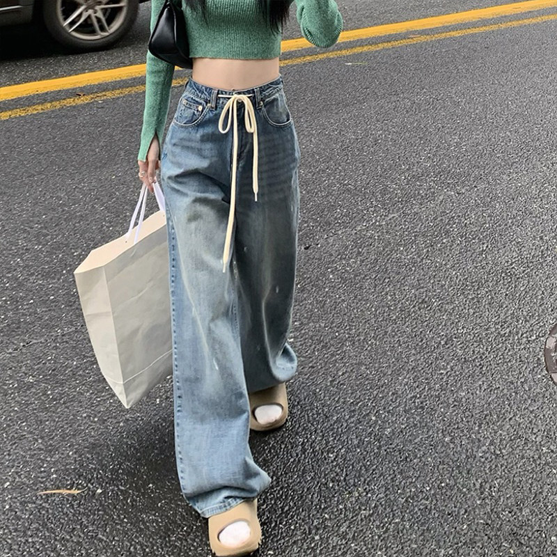 Blue high-waisted jeans for women, 2022 new autumn loose straight-leg slimming floor-length wide-leg pants