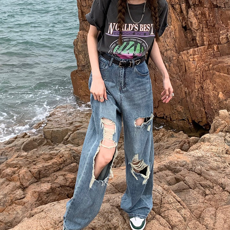 High-waisted women's 2022 autumn loose, straight-leg, floor-length wide-leg jeans with a perforated design