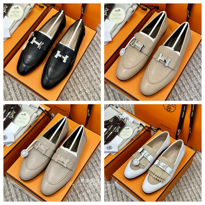 Франция к Гермес Hermes Paris Paris Love Shoes H буквы козья кожа однотонная обувь женская