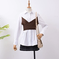H * 2 ve áo dài tay áo giả hai mảnh đơn ngực áo sơ mi nữ mùa thu 2018 mới của Hàn Quốc phiên bản của màu rắn áo sơ mi hoang dã phụ nữ áo khoác sơ mi nữ